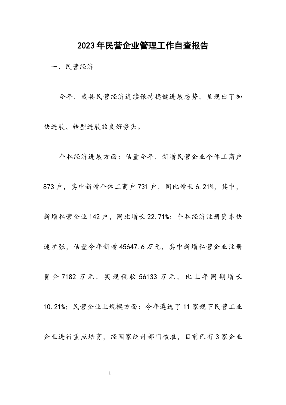 2023年民营企业管理工作自查报告.docx_第1页
