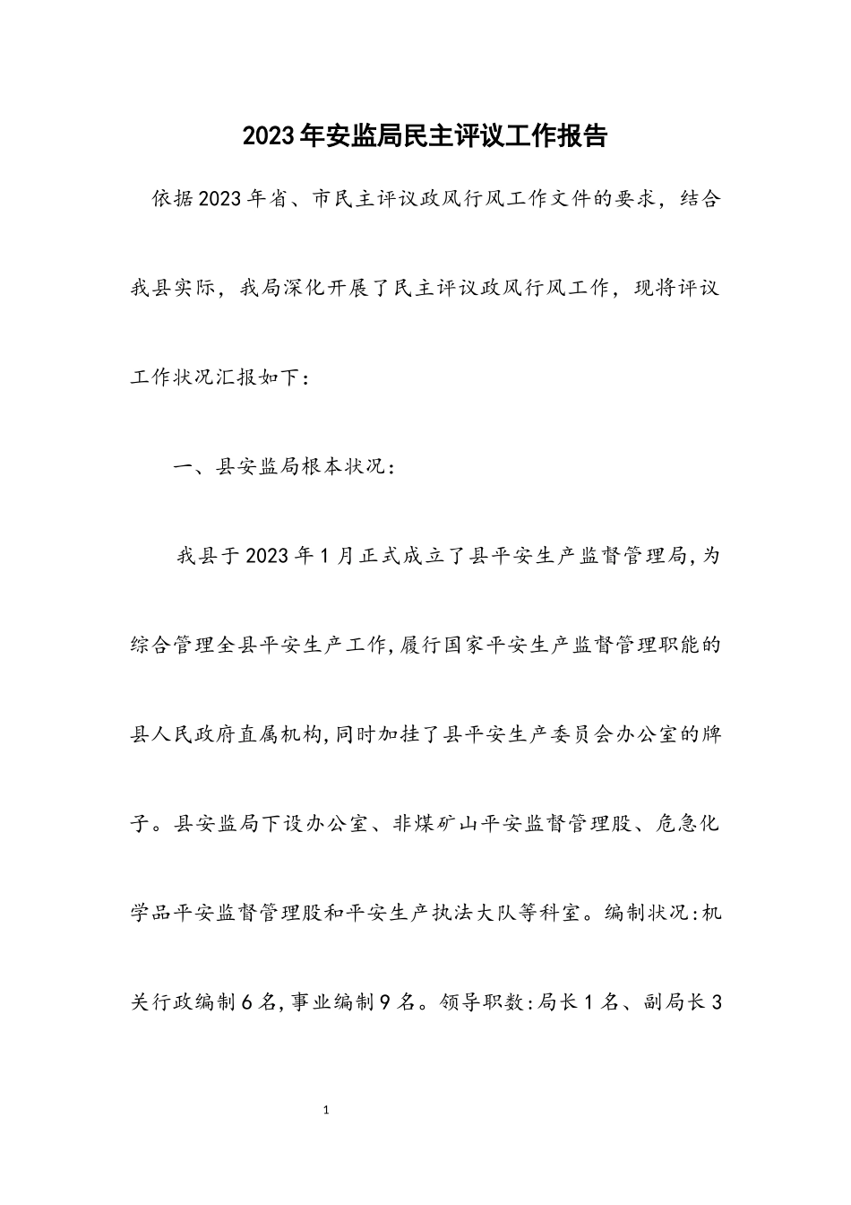 2023年安监局民主评议工作报告.docx_第1页