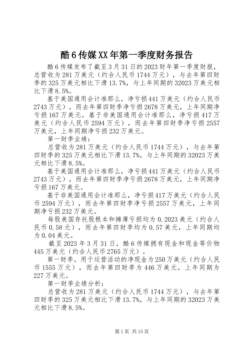 2023年酷6传媒第一季度财务报告.docx_第1页