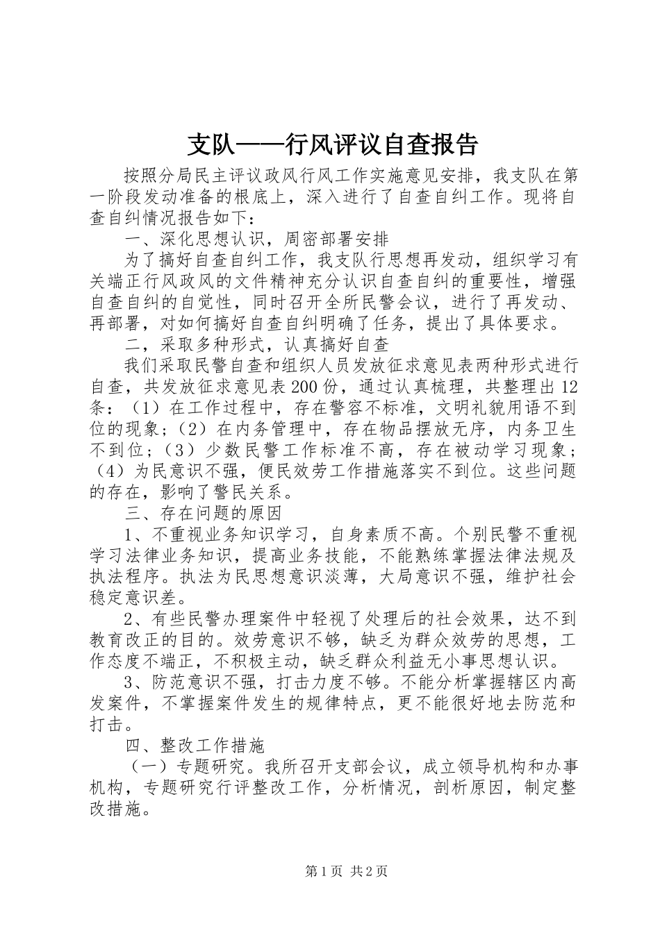 2023年支队行风评议自查报告.docx_第1页