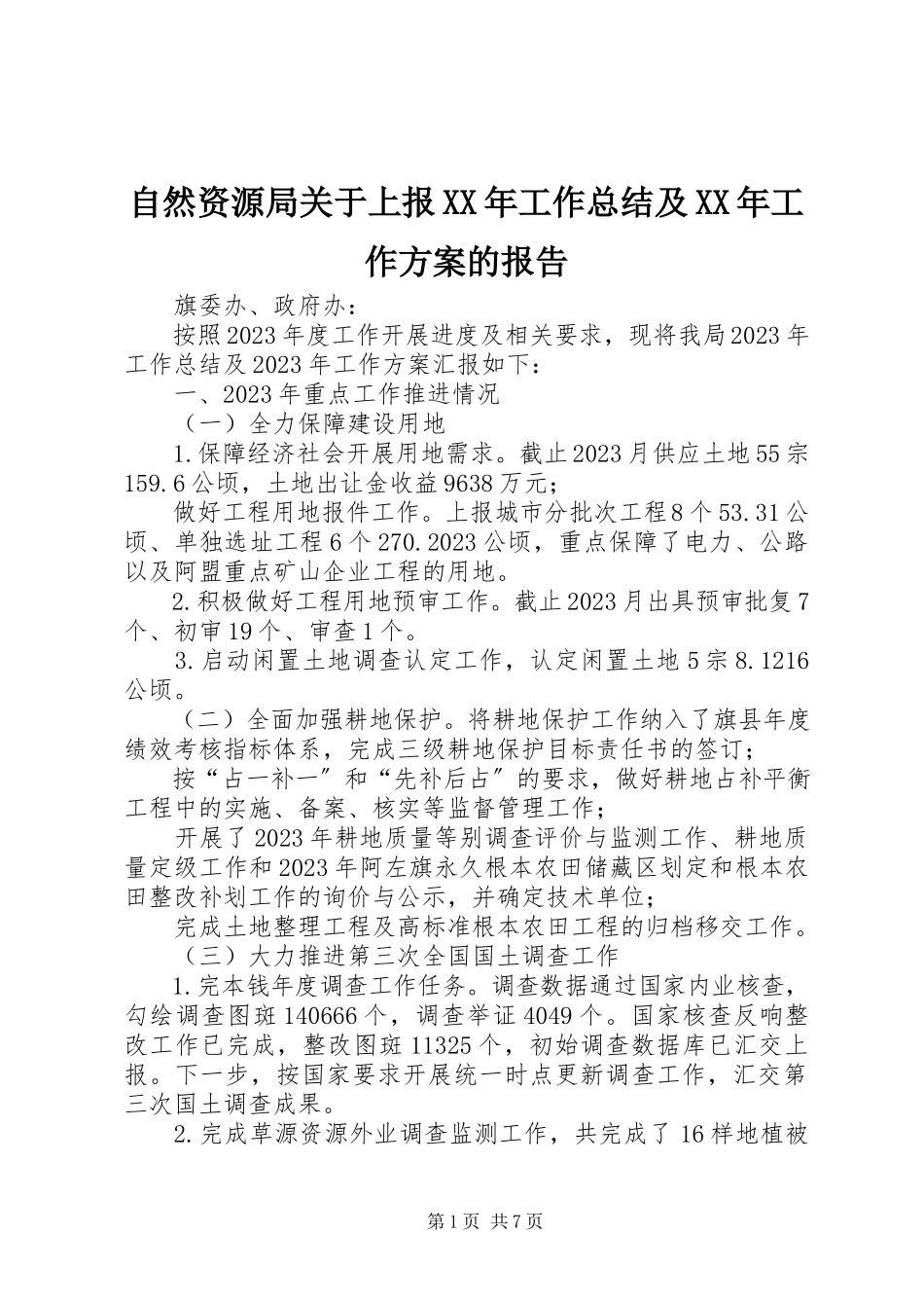 2023年自然资源局关于上报工作总结及工作计划的报告.docx_第1页