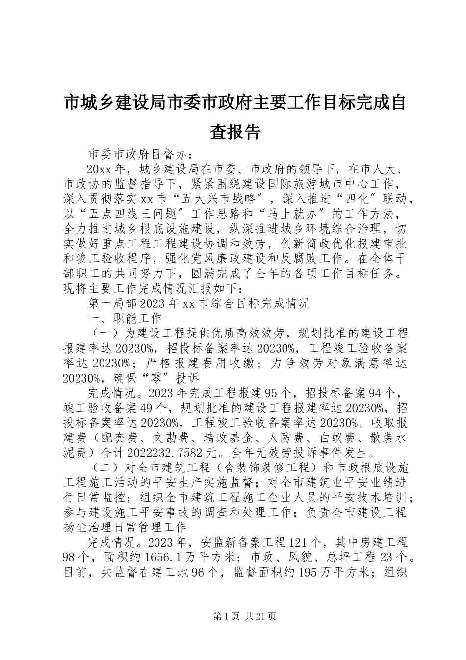 2023年市城乡建设局市委市政府主要工作目标完成自查报告.docx_第1页