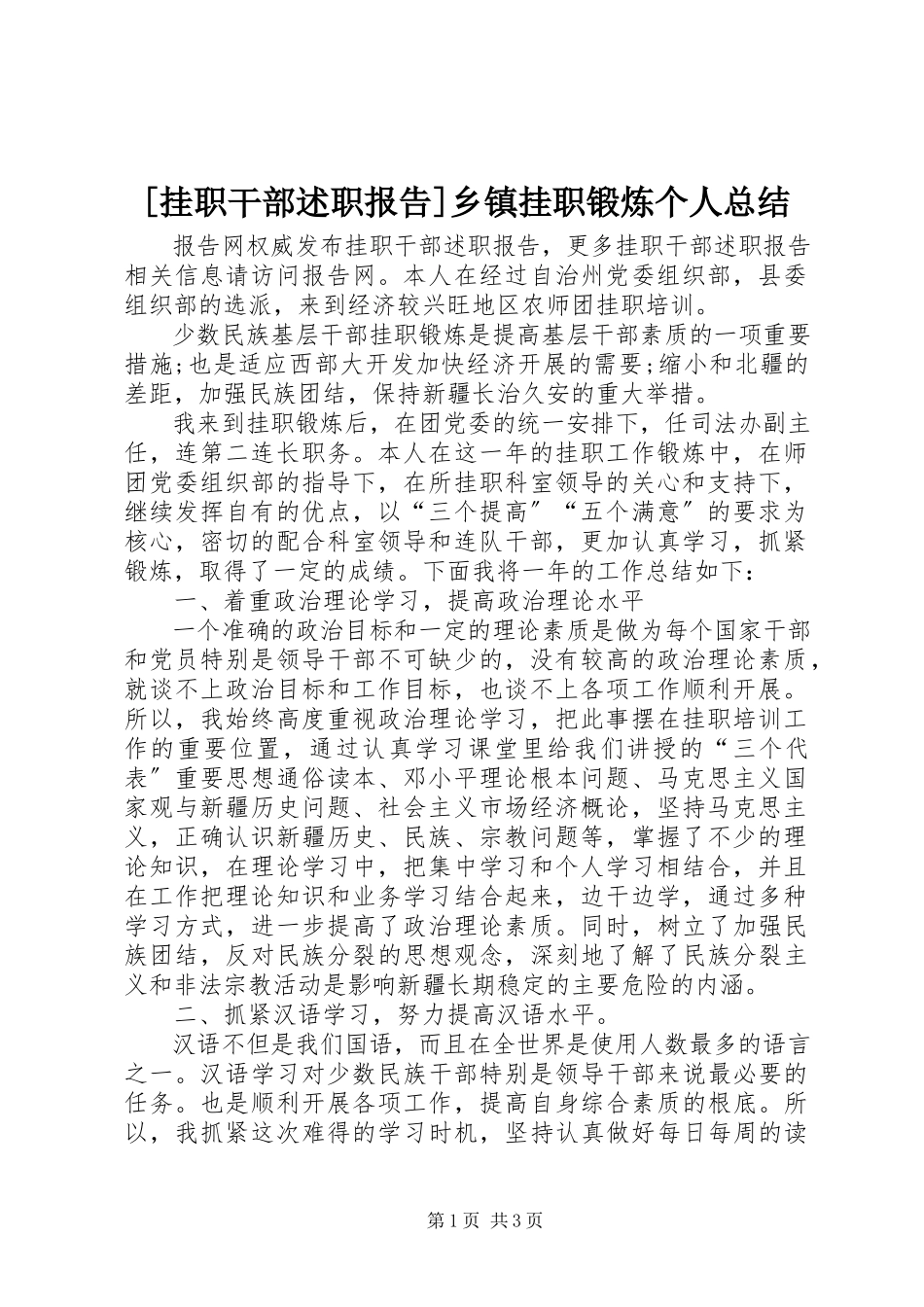 2023年挂职干部述职报告乡镇挂职锻炼个人总结.docx_第1页