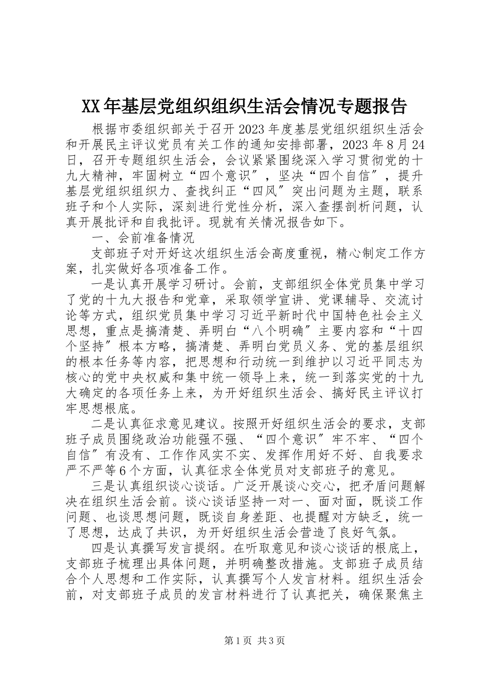2023年基层党组织组织生活会情况专题报告.docx_第1页