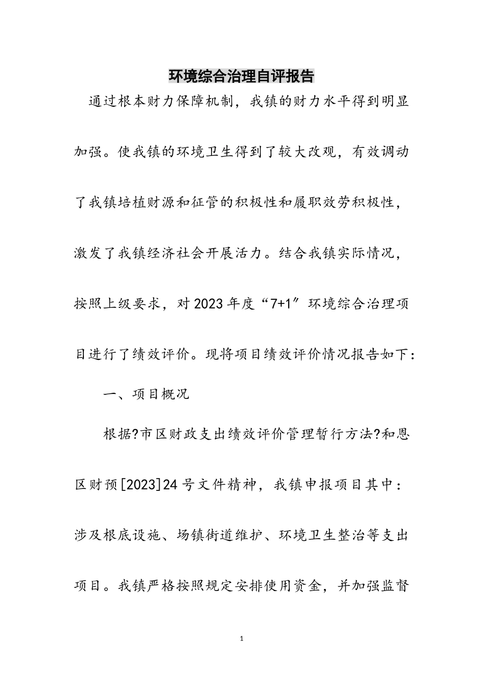2023年环境综合治理自评报告范文.doc_第1页