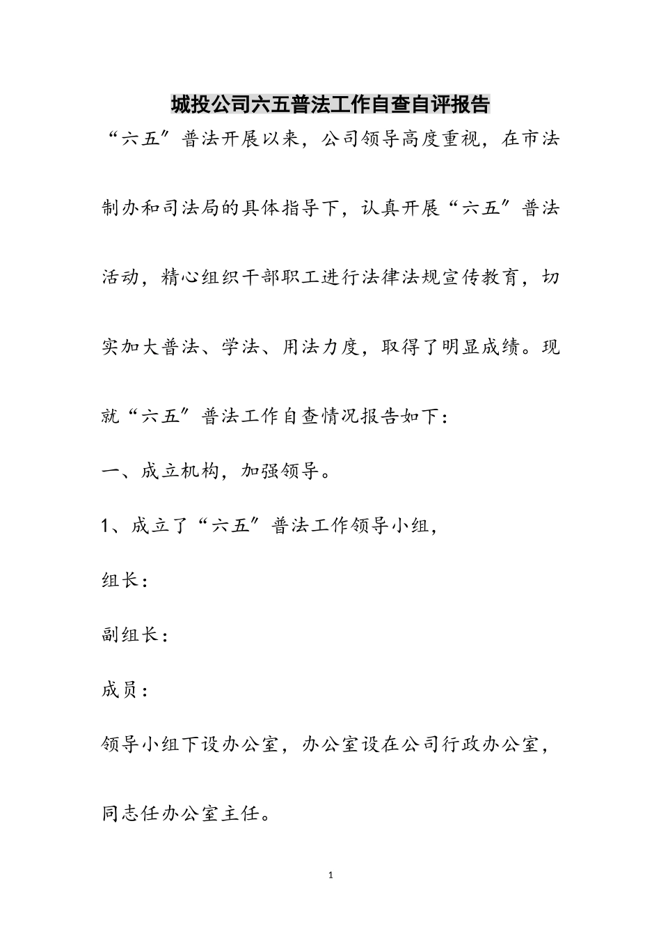 2023年城投公司六五普法工作自查自评报告范文.doc_第1页