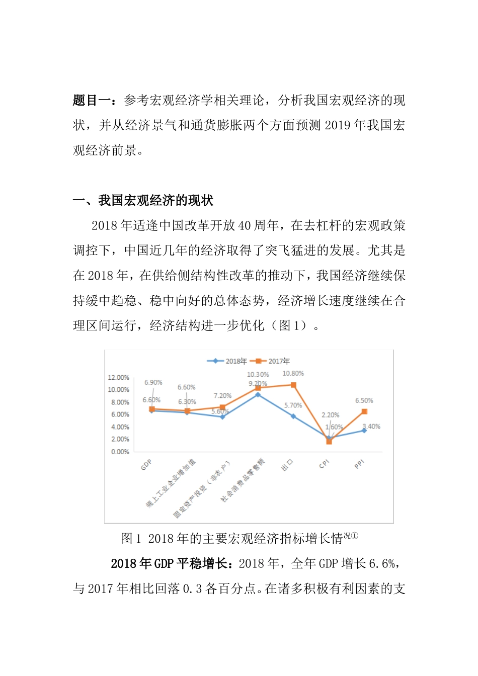 宏观经济学科目作业 分析我国宏观经济的现状并从经济景气和通货膨胀两个方面预测2019年我国宏观经济前景.doc_第1页