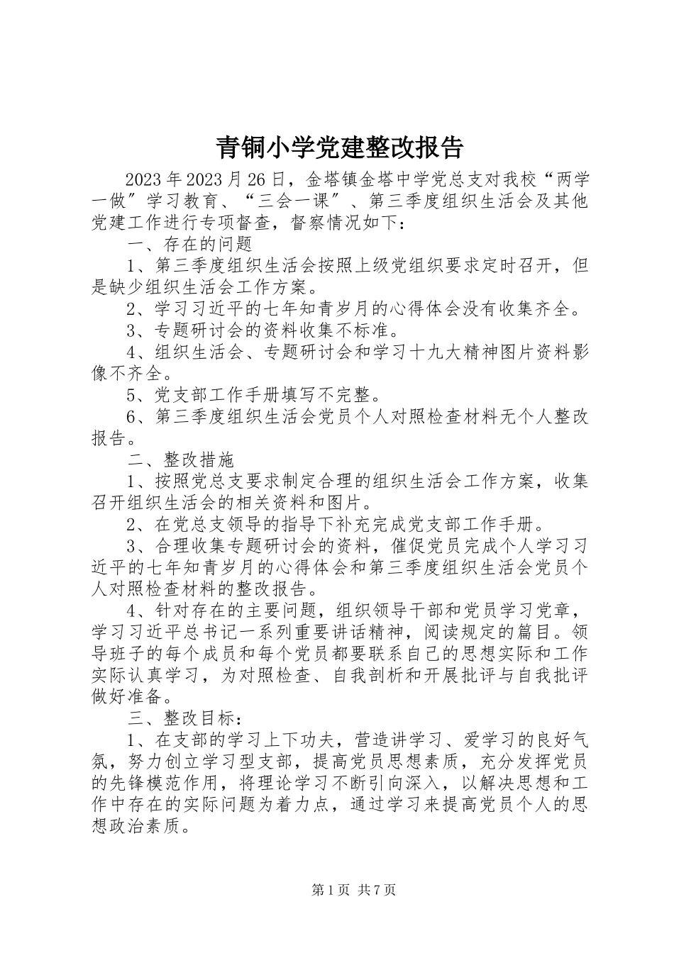 2023年青铜小学党建整改报告.docx_第1页