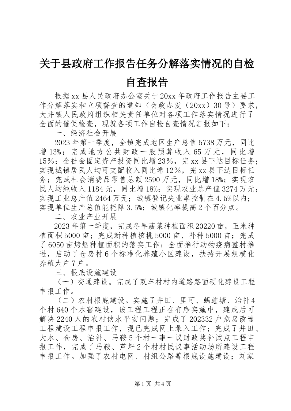 2023年县政府工作报告任务分解落实情况的自检自查报告.docx_第1页