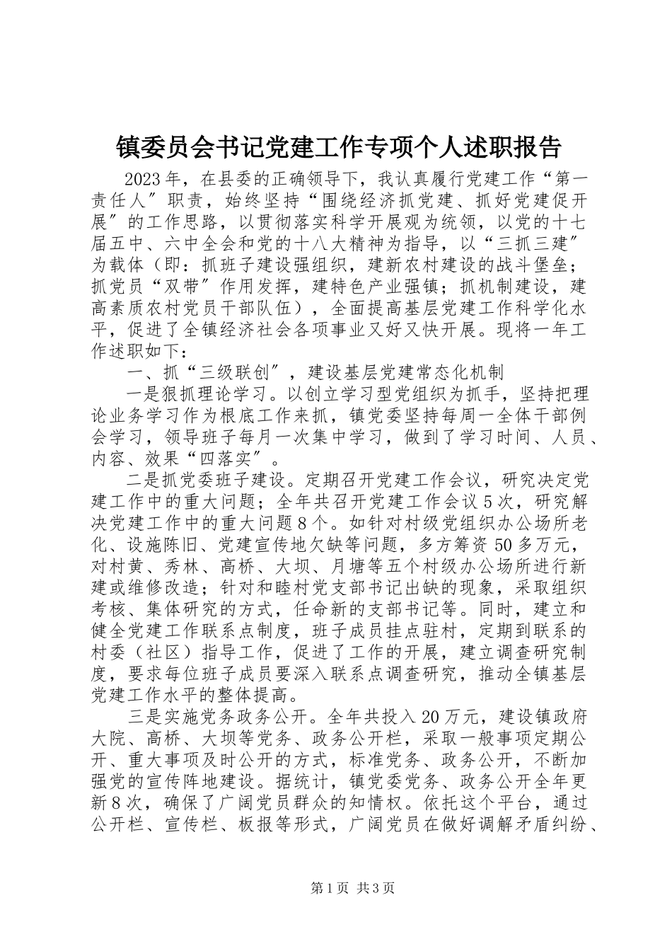 2023年镇委员会书记党建工作专项个人述职报告.docx_第1页