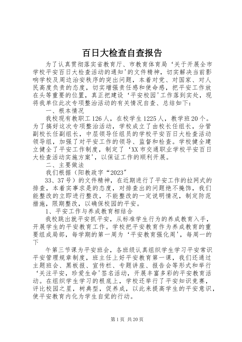 2023年百日大检查自查报告.docx_第1页