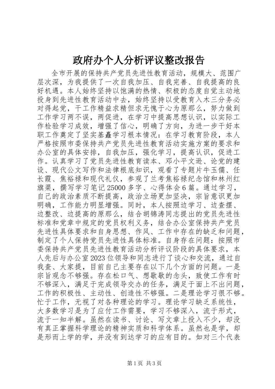 2023年政府办个人分析评议整改报告.docx_第1页