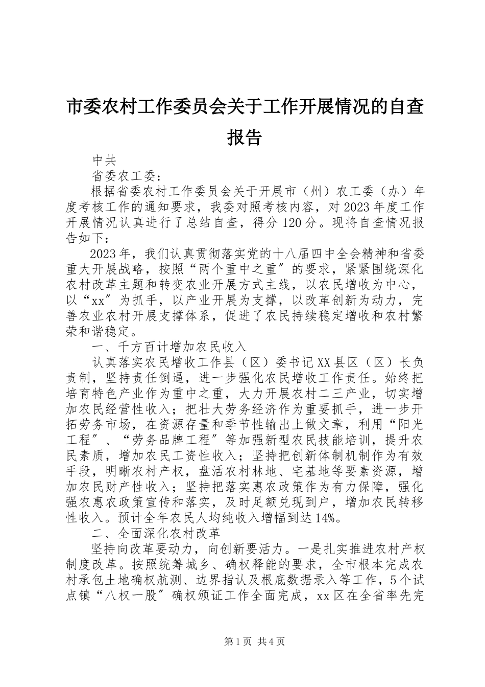 2023年市委农村工作委员会关于工作开展情况的自查报告.docx_第1页