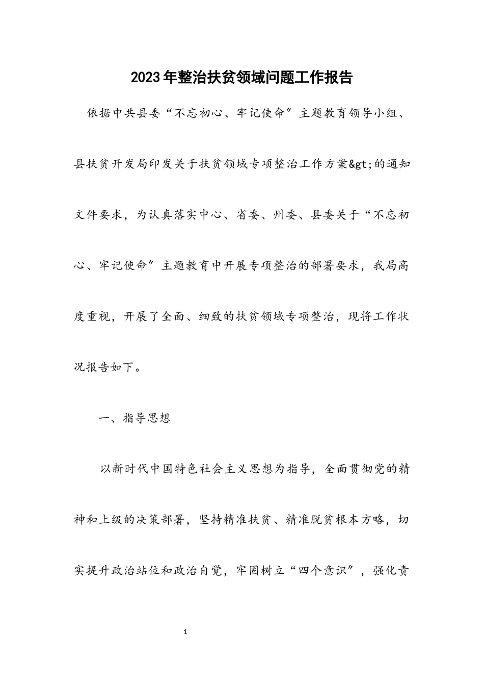 2023年整治扶贫领域问题工作报告.docx_第1页