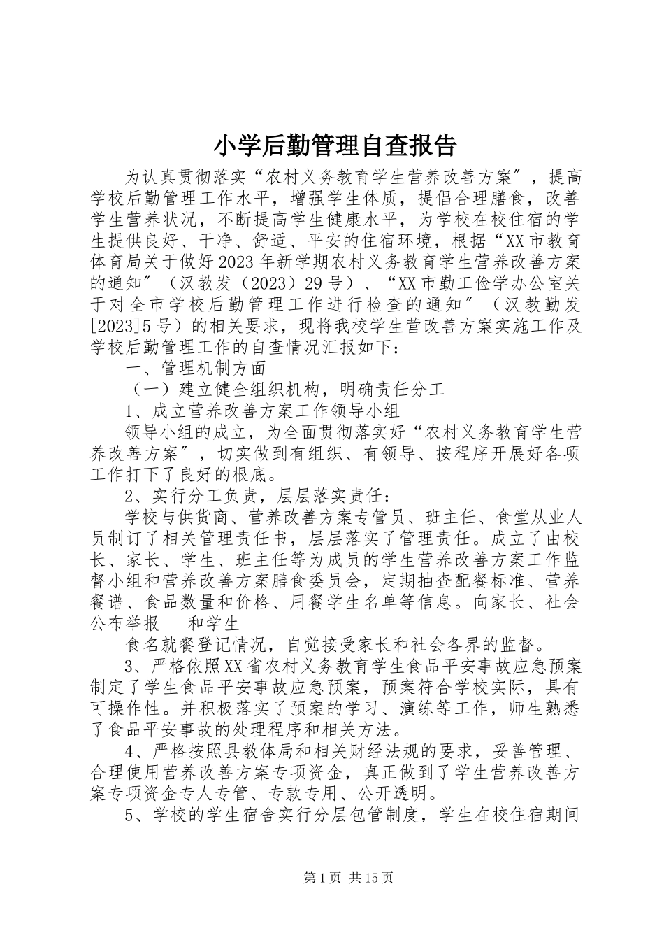 2023年小学后勤管理自查报告.docx_第1页