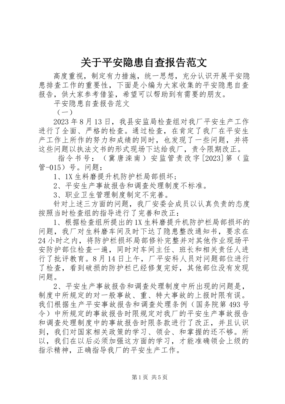 2023年安全隐患自查报告.docx_第1页