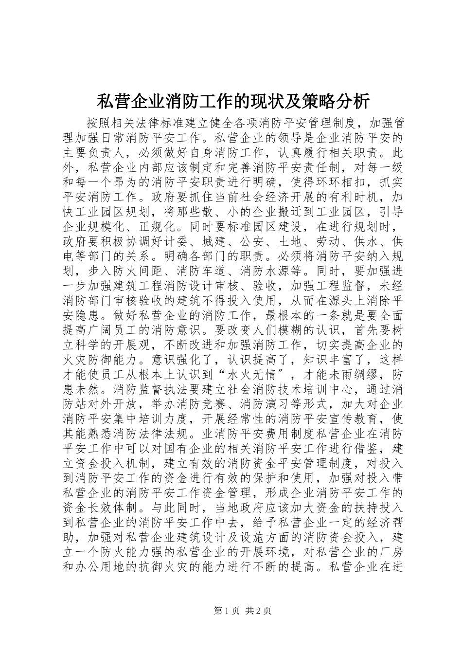2023年私营企业消防工作的现状及策略分析.docx_第1页
