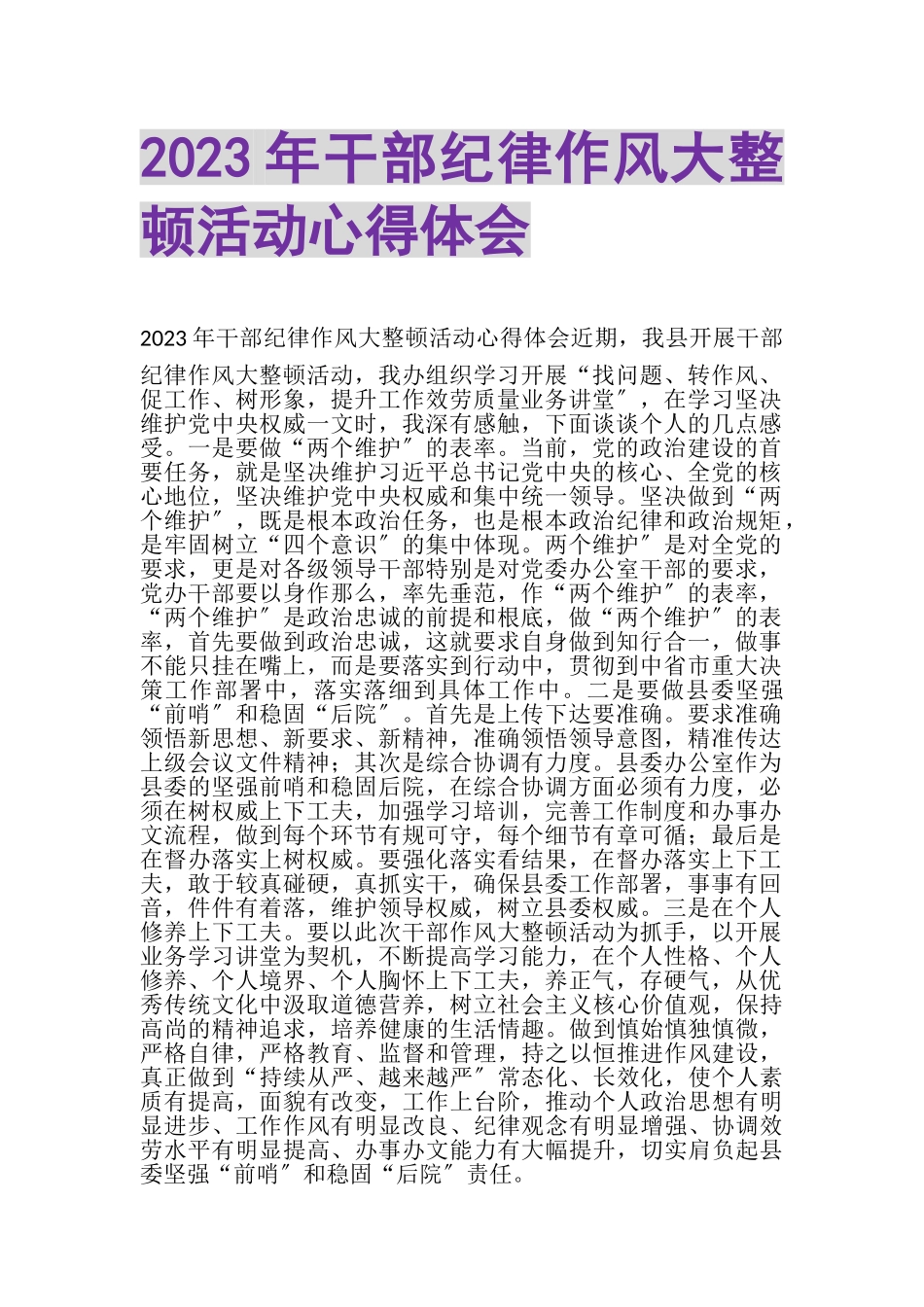 2023年干部纪律作风大整顿活动心得体会.doc_第1页