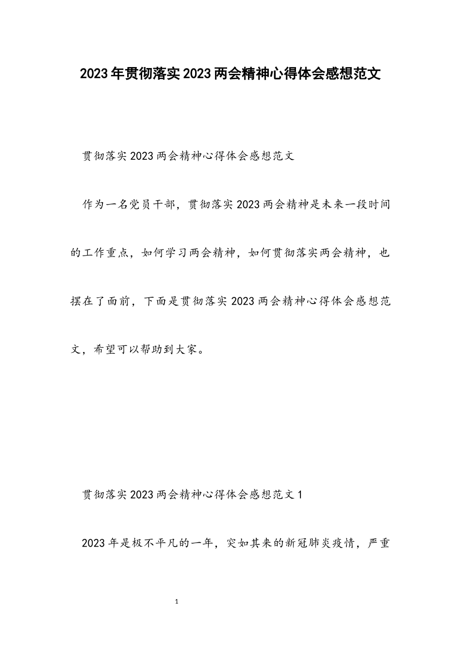 贯彻落实2023两会精神心得体会感想.docx_第1页