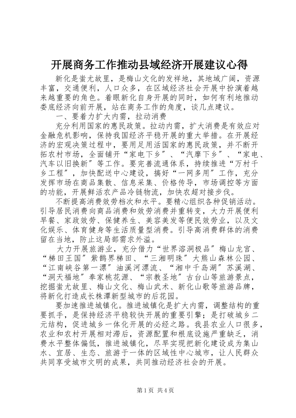 2023年开展商务工作推动县域经济发展建议心得.docx_第1页