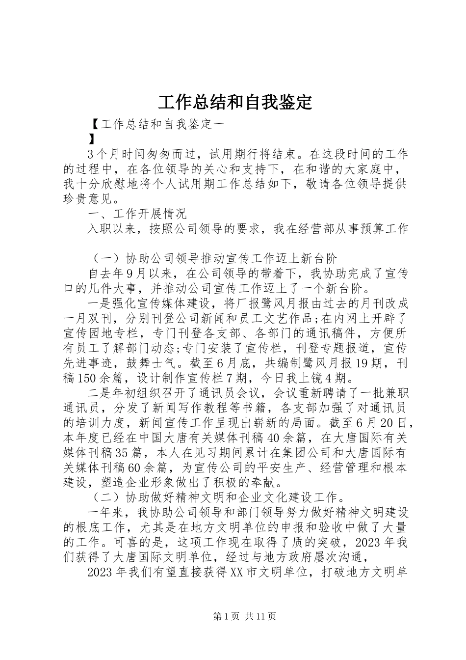 2023年工作总结和自我鉴定.docx_第1页