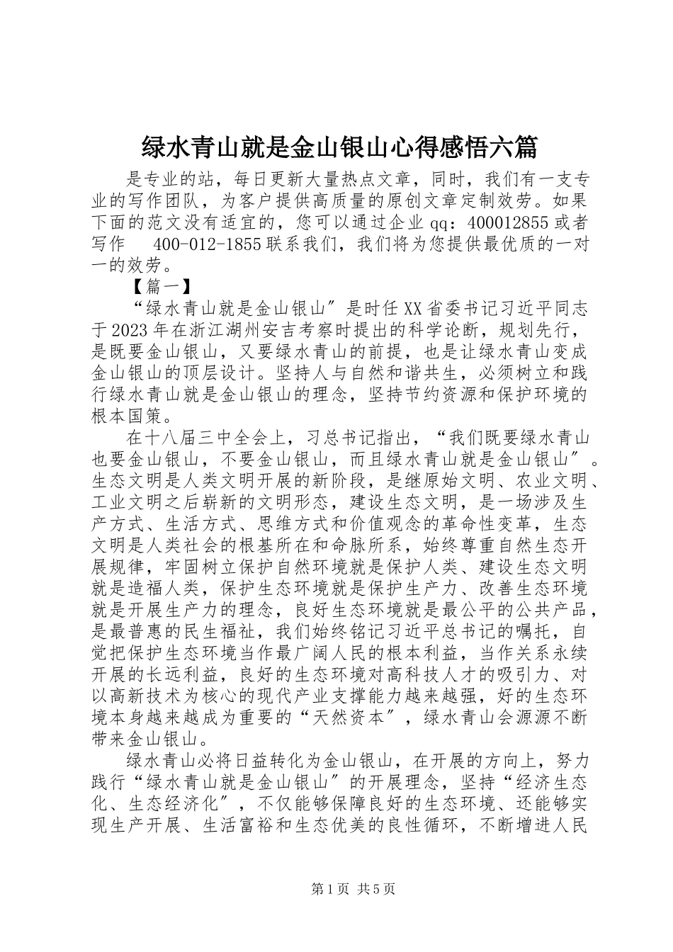 2023年绿水青山就是金山银山心得感悟六篇.docx_第1页