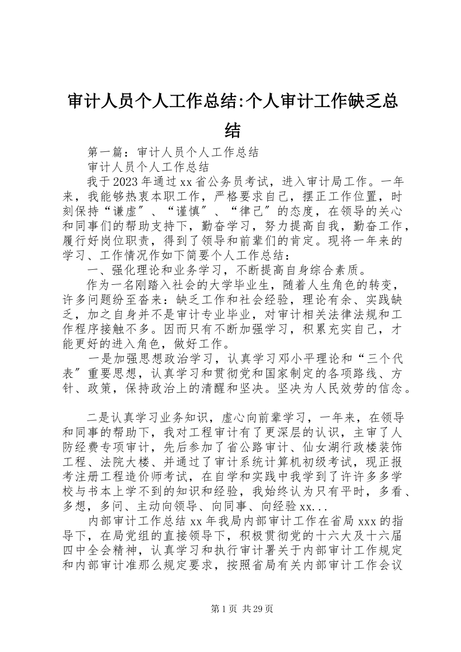 2023年审计人员个人工作总结个人审计工作不足总结.docx_第1页
