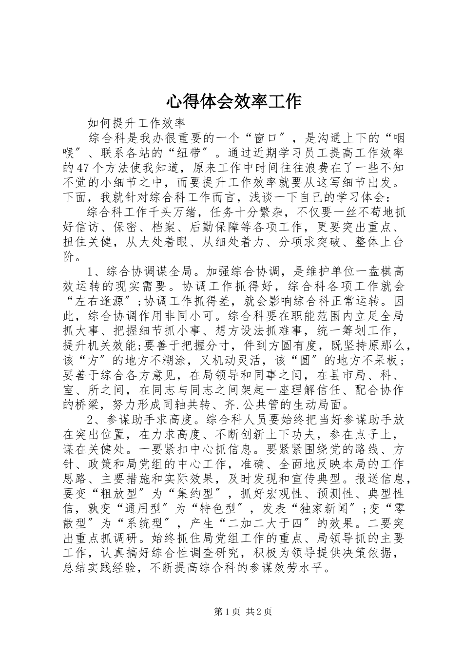 2023年心得体会效率工作.docx_第1页