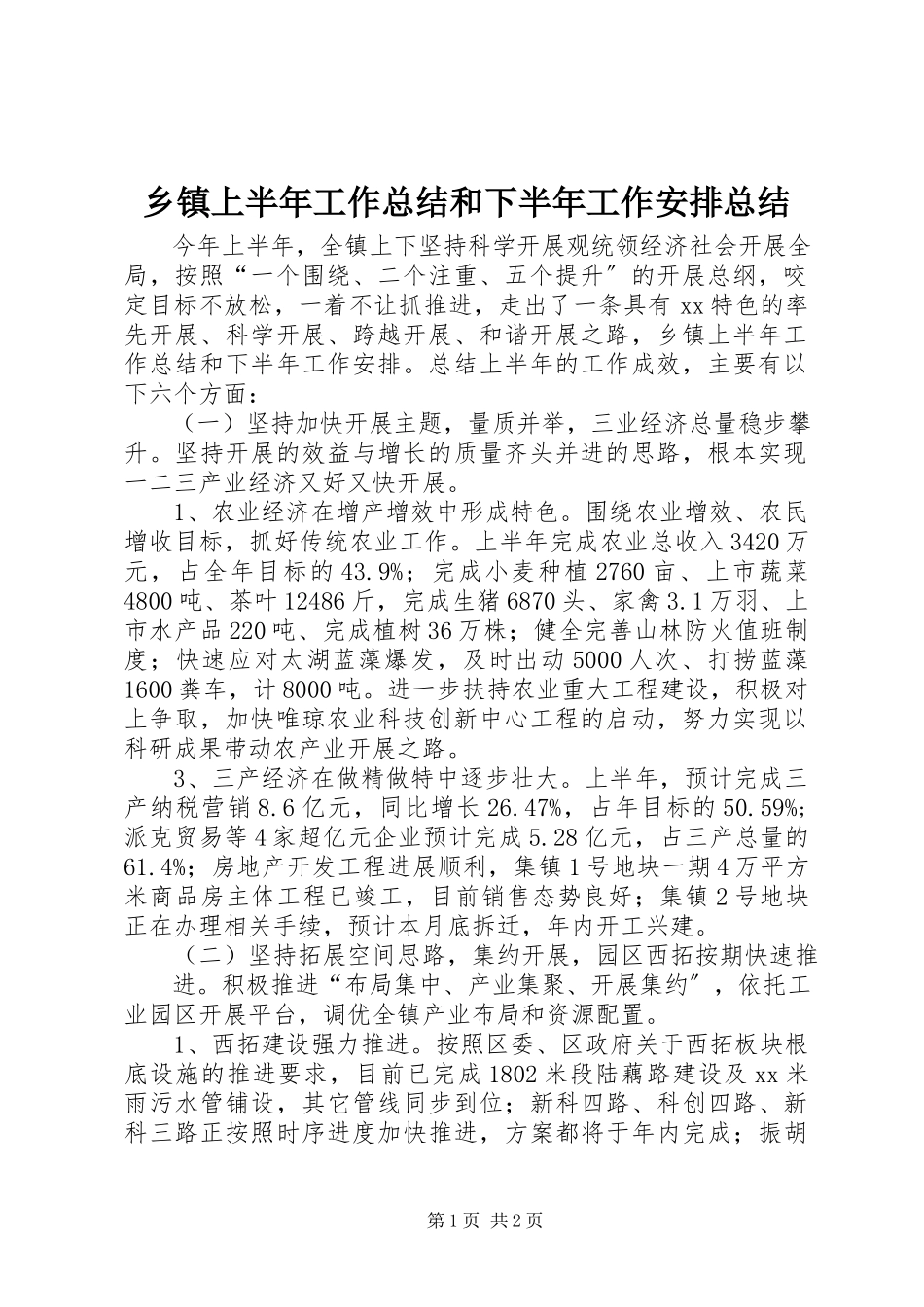 2023年乡镇上半年工作总结和下半年工作安排总结.docx_第1页