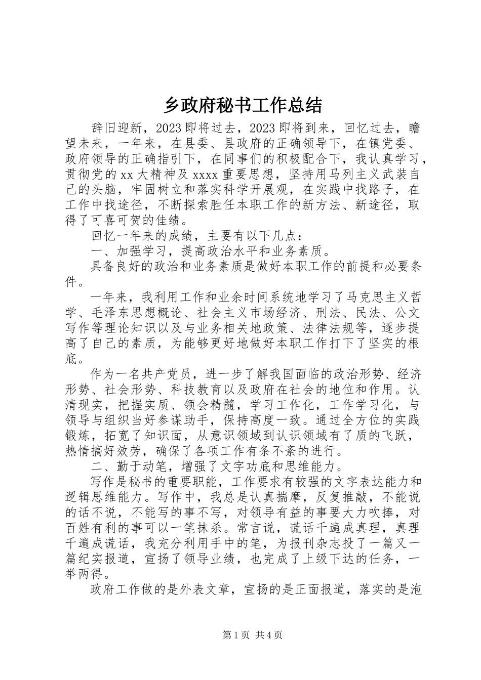 2023年乡政府秘书工作总结.docx_第1页