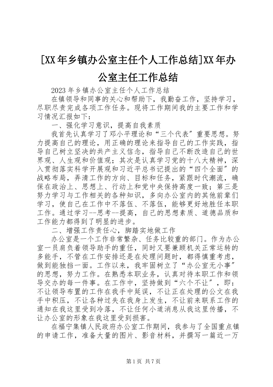 2023年乡镇办公室主任个人工作总结办公室主任工作总结.docx_第1页