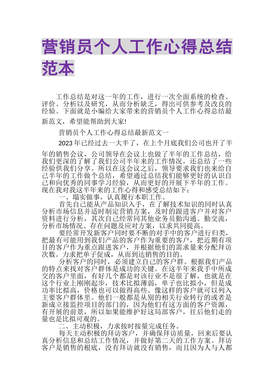 2023年营销员个人工作心得总结范本.doc_第1页