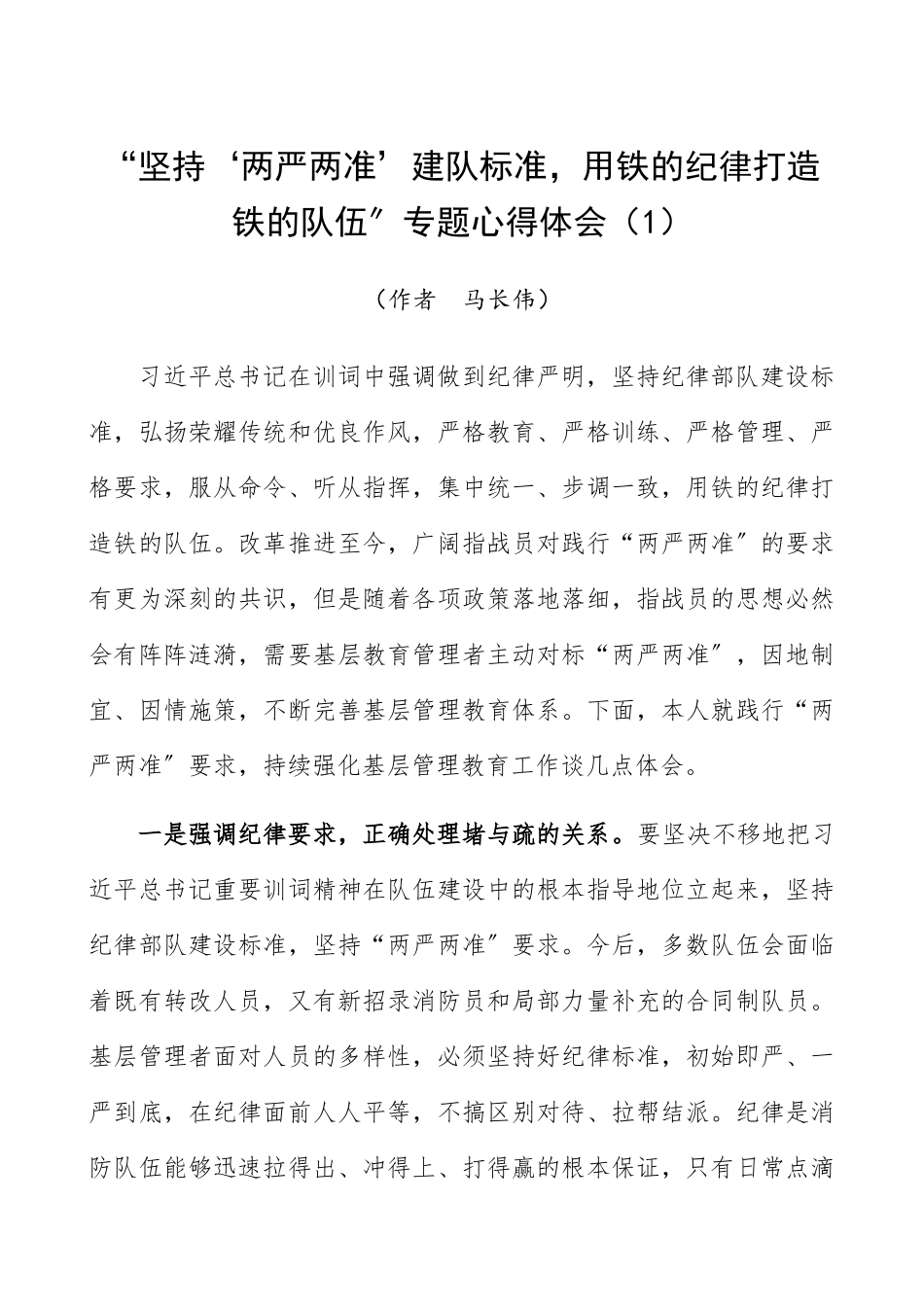 2023年消防“两严两准”心得体会坚持“两严两准”建队标准 用铁的纪律打造铁的队伍心得体会4篇践行训词精神精编.docx_第1页