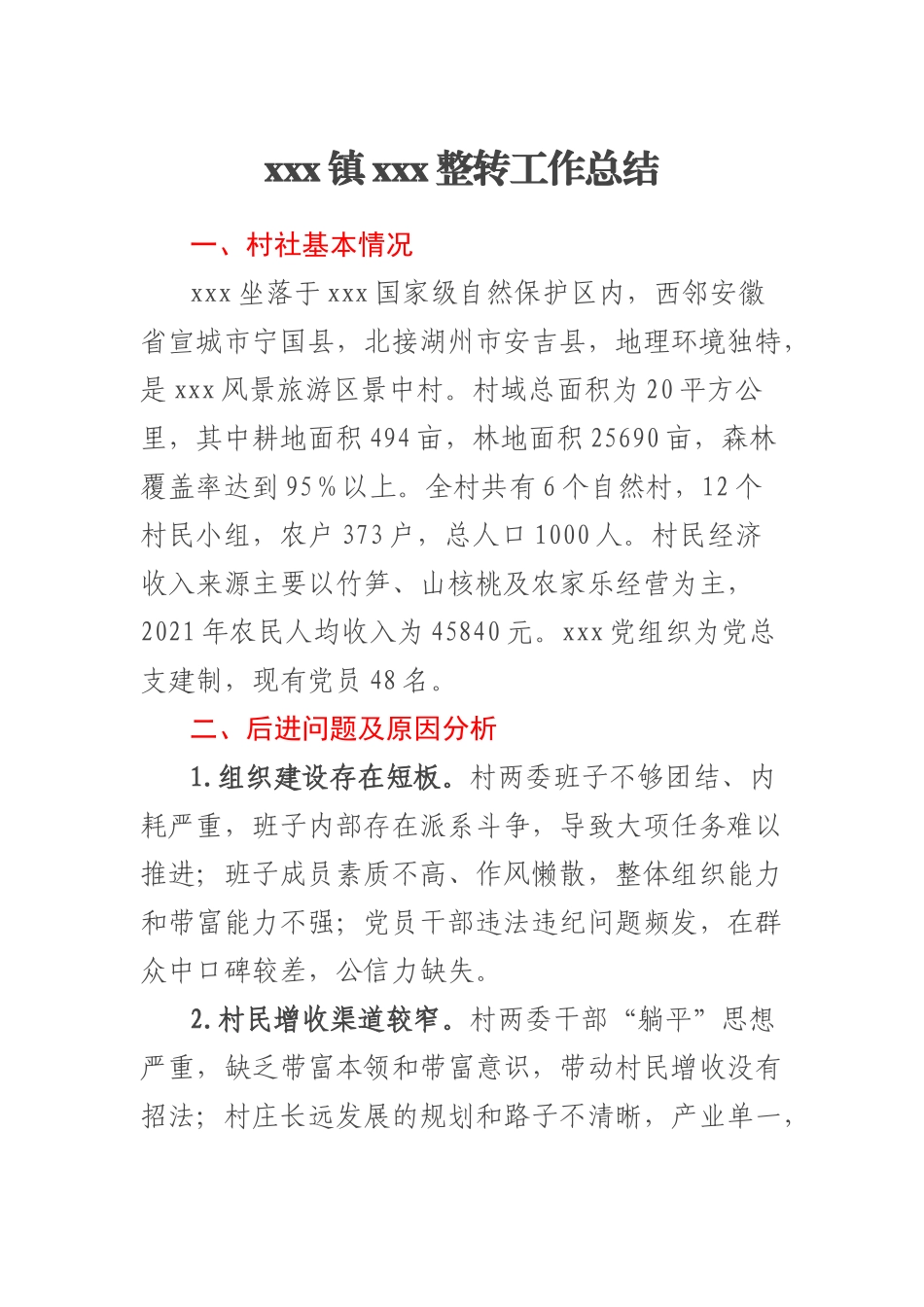 2023年XXX镇XXX整转工作总结 .docx_第1页