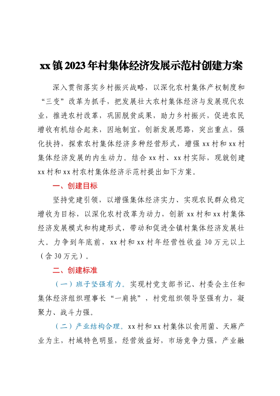 XX镇2023年村集体经济发展示范村创建方案 .docx_第1页