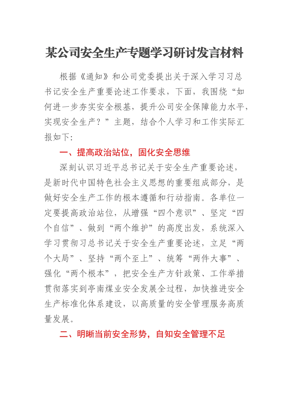 2023年某公司安全生产专题学习研讨发言材料 .docx_第1页
