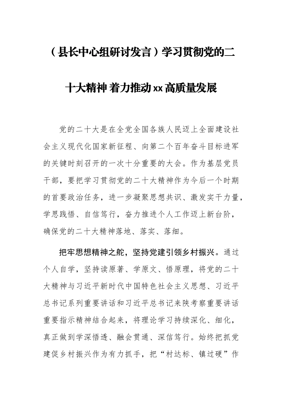2023年(县长中心组研讨发言)学习贯彻党的二十大精神 着力推动XX高质量发展 .docx_第1页