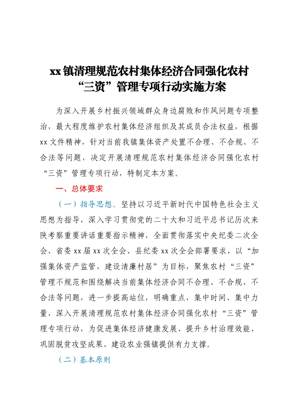 xx镇清理规范农村集体经济合同强化农村“三资”管理专项行动实施方案（范文）.docx_第1页