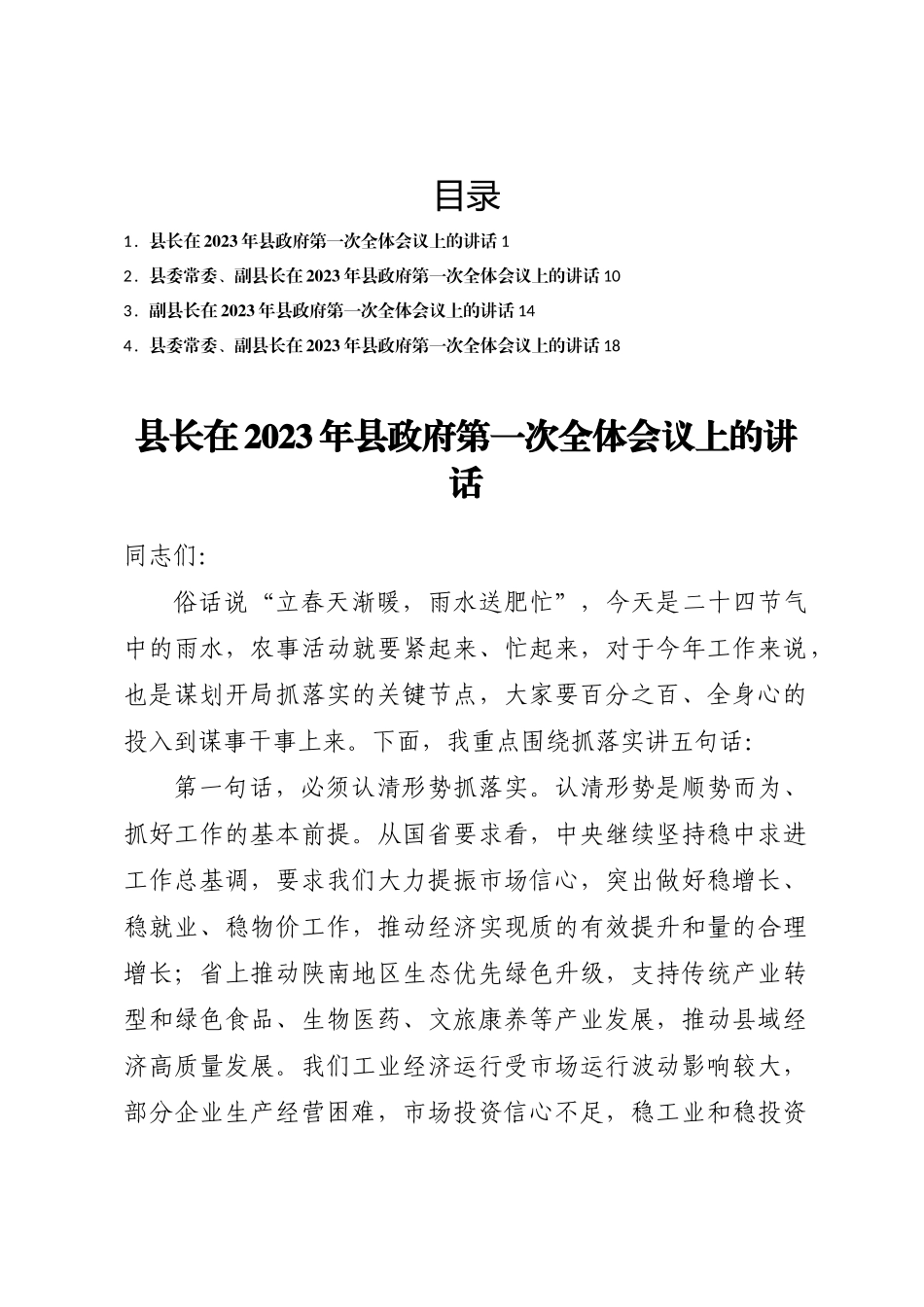 在2023年县政府第一次全体会议上的讲话汇编4篇.docx_第1页