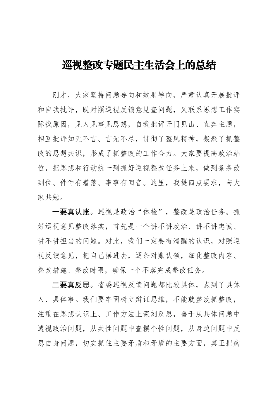 巡视整改专题民主生活会上的总结.docx_第1页