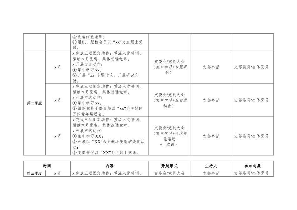 【党建计划表格】2020年党支部三会一课、理论学习及主题党日活动计划表.docx_第2页