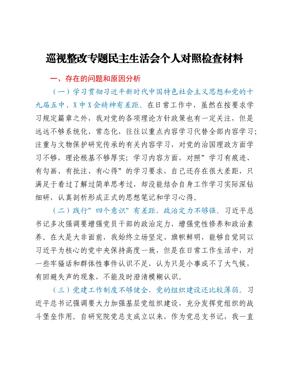 巡视整改专题民主生活会个人对照检查材料.doc_第1页