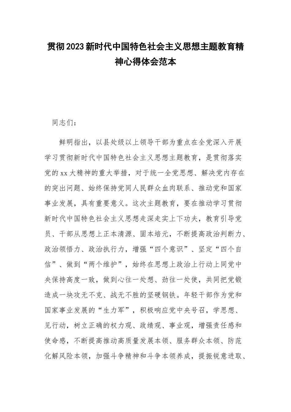 贯彻2023新时代中国特色社会主义思想主题教育精神心得体会范本.docx_第1页