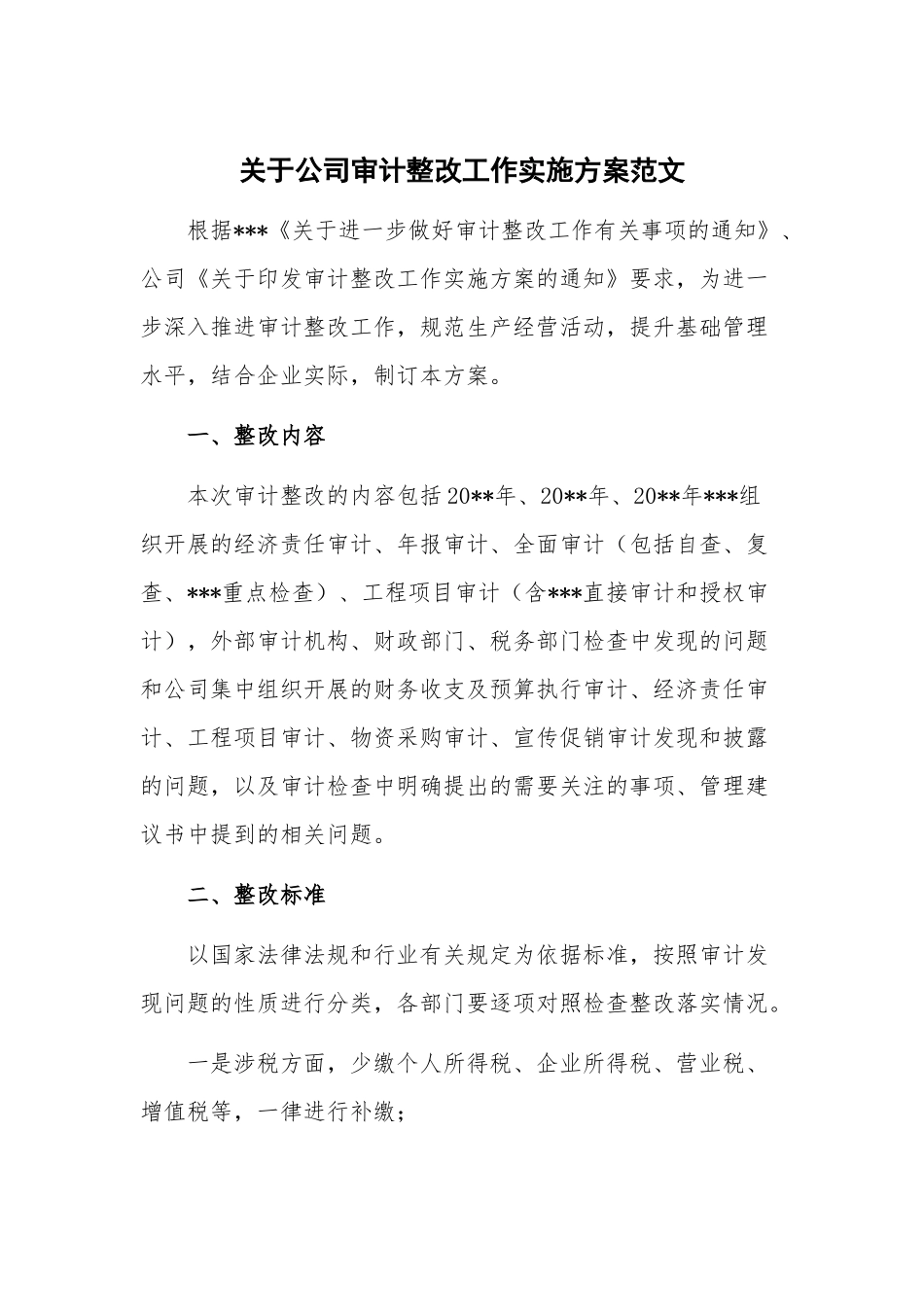 关于公司审计整改工作实施方案范文.docx_第1页