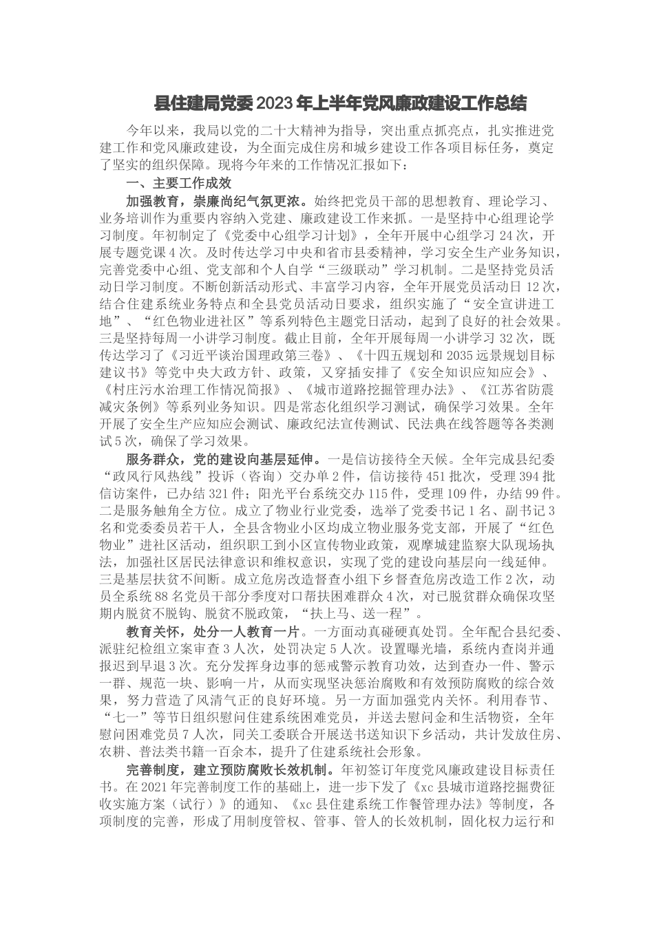 县住建局党委2023年上半年党风廉政建设工作总结 .docx_第1页