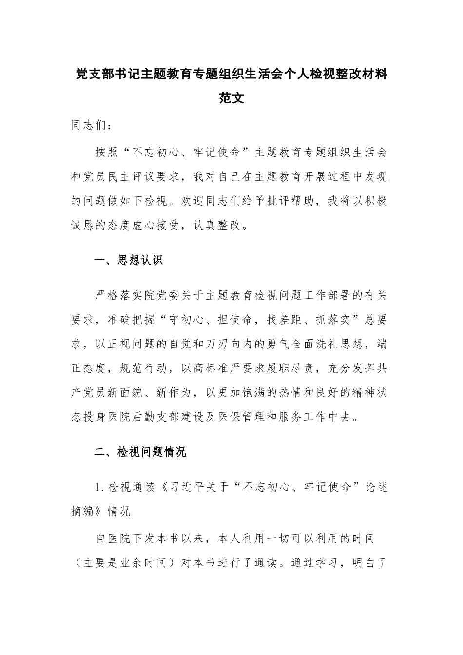 党支部书记主题教育专题组织生活会个人检视整改材料范文.docx_第1页