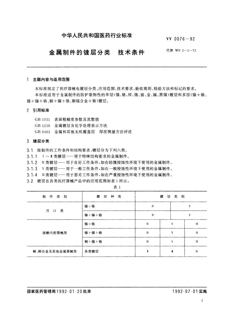 金属制件的镀层分类技术条件 YYT 0076-1992.pdf_第2页