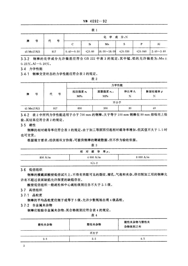 45Mn17Al3低磁钢棒材规范 YB 4092-1992.pdf_第3页