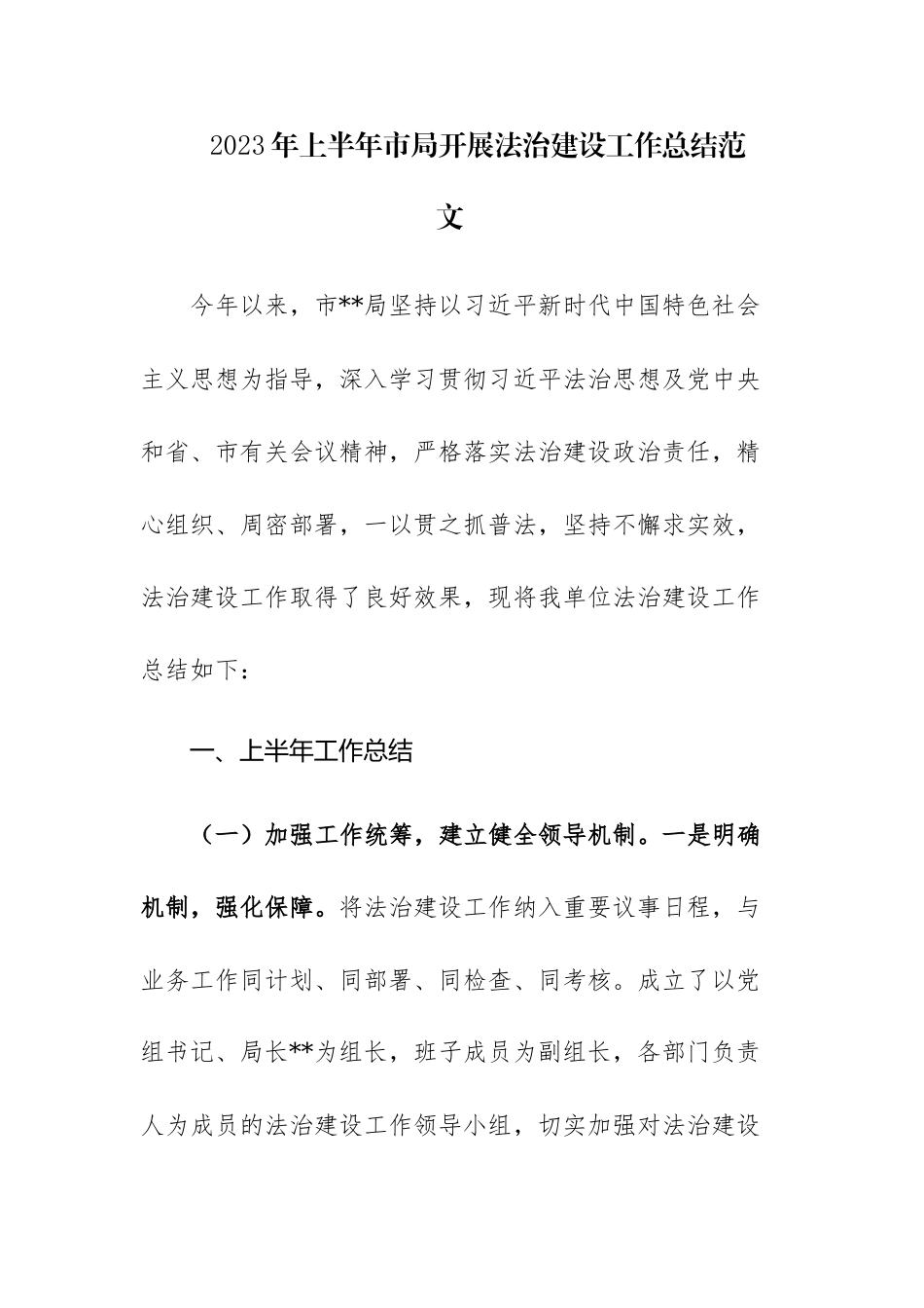 2023年上半年市局开展法治建设工作总结范文.docx_第1页