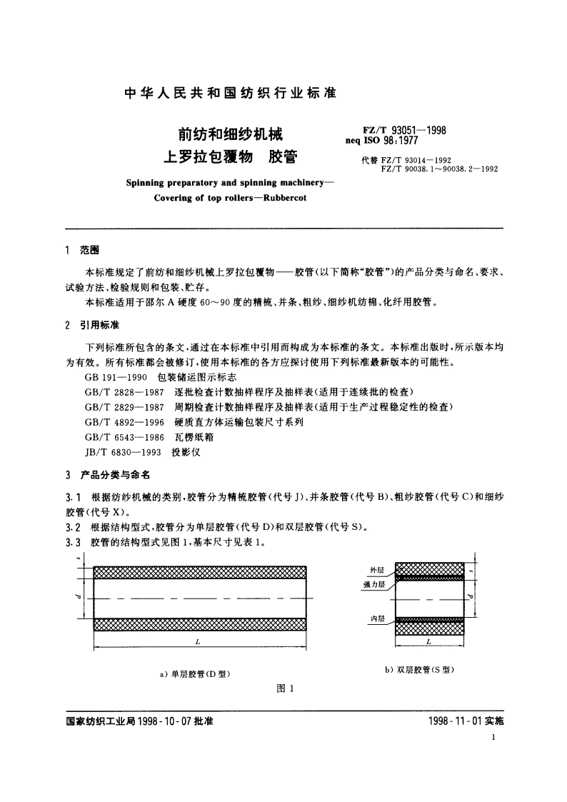 前纺和细纱机械 上罗拉包覆物 胶管 FZT 93051-1998.pdf_第3页